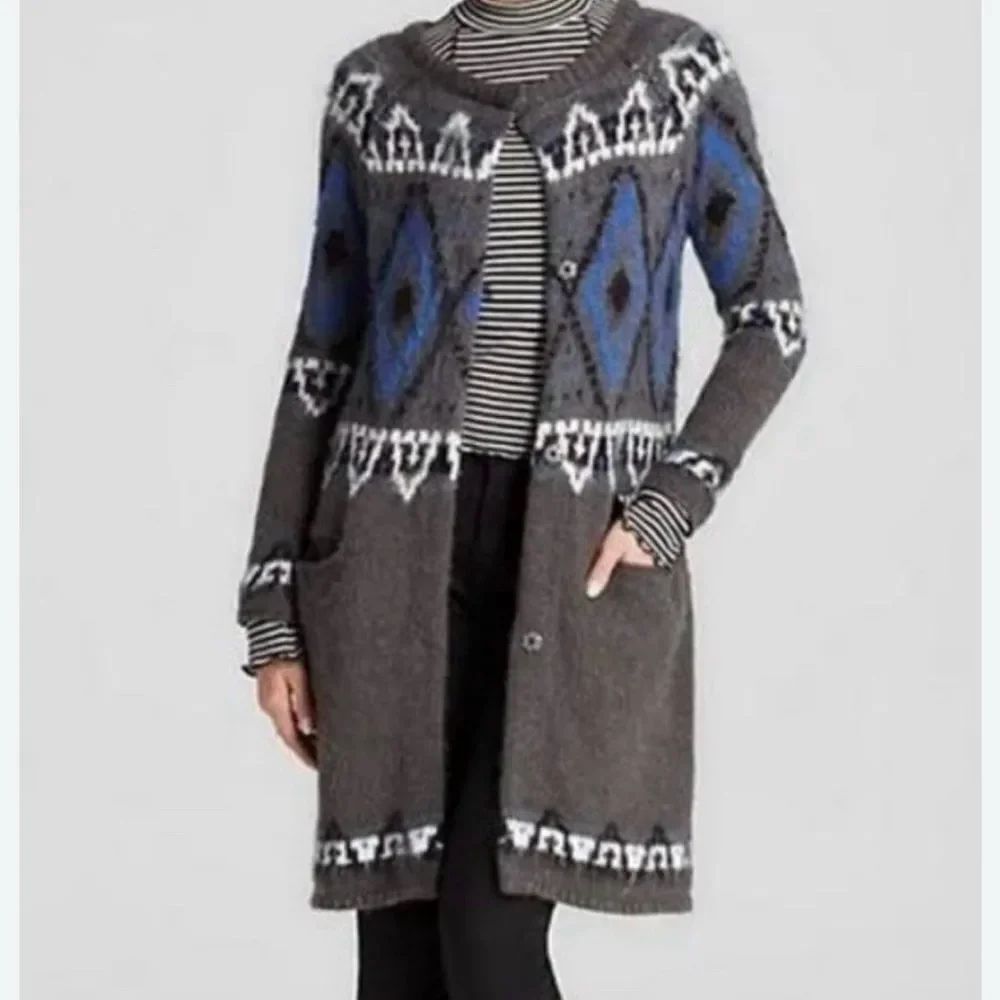 Free People Gray and Blue Geometric Cardigan 13% wool
